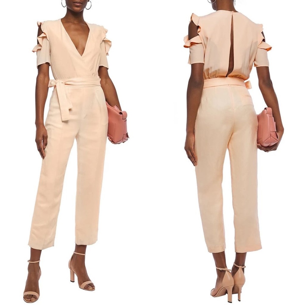 NEW MAJE Piruize Ruffled Cold Shoulder Crepe Linen Blend Jumpsuit in Peachy Nude - Picture 2 of 9